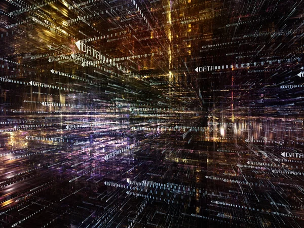 Sanal uzay serisi. Yarı saydam 3d yapısı bilgi teknolojisi, bilgisayar ve iletişim konusunda perspektif sembollerde okları ile sanatsal soyutlama oluşan