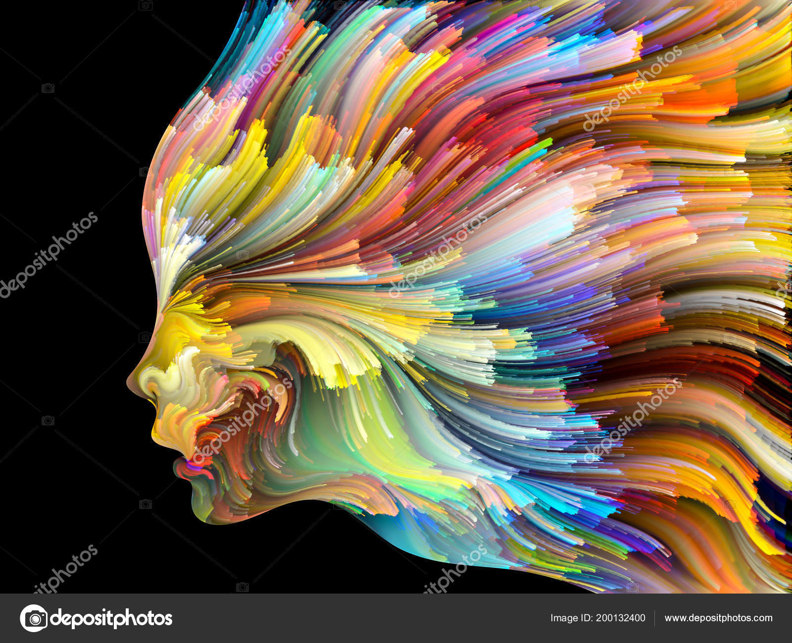 Face Color Series Composition Human Profile Colorful Lines Moving Face Color Series Composition Human Profile Colorful Lines Moving Paint Stock Photo
