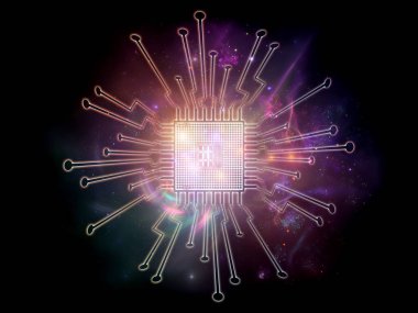 Makine serisi hesaplanıyor. Bilgisayar bilimi, dijital dünya, sanal gerçeklik ve modern teknoloji konularına perspektif olarak Fraktal ortama sahip üç boyutlu CPU çizimi