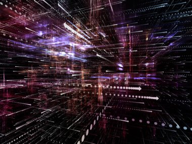 Sanal uzay serisi. Yarı saydam 3B yapısı ile okları sembolleri bilgi teknolojisi, bilgisayar ve iletişim konusunda perspektif içinde soyut tasarım yapılmış