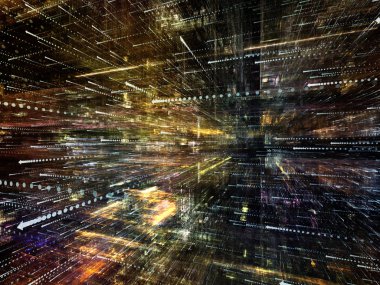 Sanal uzay serisi. Bilgi teknolojisi, bilgisayar ve iletişim konusunda perspektifte okları sembollerle yarı saydam 3d yapı etkileşimi