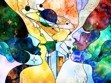 Lekeli Glass Forever serisi. Evren 'in sembolleriyle çevrili ve sevgi, dostluk ve birlik üzerine renkli desenlerle bölünmüş insan kafaları yukarı bakıyor..