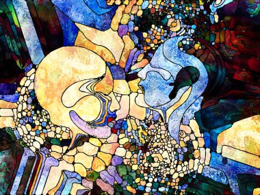 Lekeli Glass Forever serisi. Tasarım, yaratıcılık ve hayal gücü projeleri için uygun arkaplan olarak insan profillerinin, sembollerin ve renk kalıplarının bileşimi