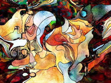 Lekeli Glass Forever serisi. İnsan profillerinin bileşimi, kutsal semboller ve mistisizm, yaratıcılık ve hayal gücüyle mecazi bir ilişkisi olan renk kalıpları.