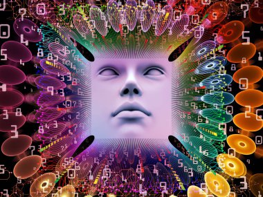 Yapay Zeka serisi. Süper insan yapay zekası, bilgisayar bilinci ve teknolojisi üzerine bir metafor olarak insan yüzü ve bilgisayar elementlerinin 3 boyutlu çiziminden oluşan tasarım