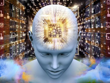 Zihin İşlemcisi serisi. Yapay zeka, akıl, kitle iletişim araçları ve modern teknoloji konusuna bakış açısıyla insan kafasının 3 boyutlu çizimi