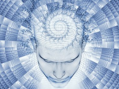 3D render - zihin alan serisi. Tel kafes insan modeli başkanı sanatsal arka plan yaptı ve yapay zeka, bilim ve teknoloji projelerde kullanılmak üzere fraktal patters