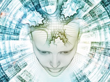 3D Renderleme Zihin Sahası serisi. Tel örgüsü insan modeli ve yapay zeka, bilim ve teknoloji üzerine fraktal paternlerin etkileşimi