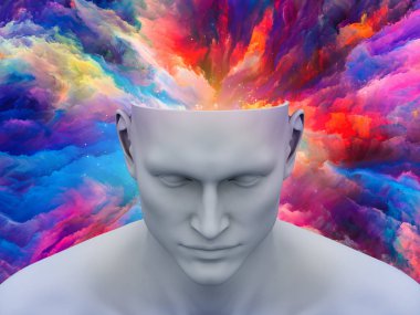 Beyin fırtınası. renkli fraktal bulutlar ile insan kafası 3D Illustration konular sanat, psikoloji, yaratıcılık, hayal ve rüyalar. Özel arka plan serisi.