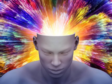 Beyin gücü. renk hareket yollar ile insan kafası 3D çizim sanat, psikoloji, yaratıcılık, hayal ve Düşler konularda için.