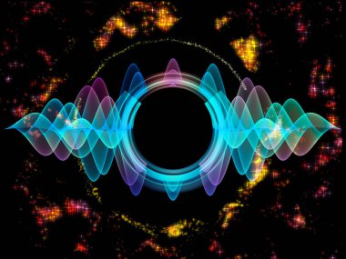 Dalga Fonksiyonu serisi. Ses eşitleyici, müzik spektrumu ve kuantum olasılığı konularında renkli sinüs titreşimleri, ışık ve fraktal elementlerin düzenlenmesi