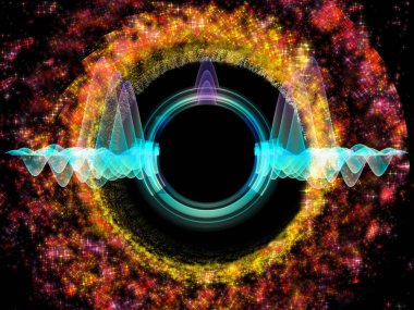 Dalga Fonksiyonu serisi. Ses eşitleyici, müzik spektrumu ve kuantum olasılığı konularında renkli sinüs titreşimleri, ışık ve fraktal elementlerin düzenlenmesi