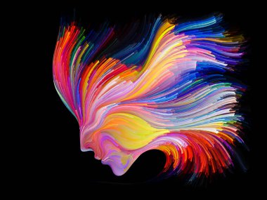 Yüz renk serisi. İnsan profili ve yaratıcılık, tasarım, iç dünya, içgüdü ve sanatsal ruh konusunda boya hareketli renkli çizgiler bileşimi