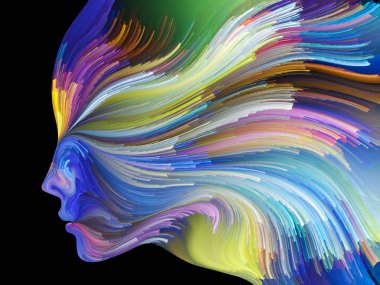 Renk serisinin yüzü. Yaratıcılık, tasarım, iç dünya, insan doğası ve sanatsal ruh projeleri için uygun bir zemin olarak insan profili ve renkli renkli boya çizgileri.