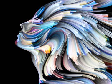 Yüz renk serisi. Sanatsal soyutlama insan profili ve yaratıcılık, tasarım, iç dünya, içgüdü ve sanatsal ruh konusunda boya hareketli renkli çizgiler oluşur