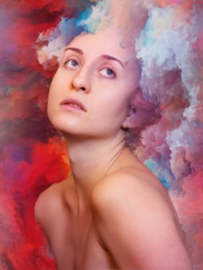 Dış serinin içinde. Duygular, duygular, iç dünya, yaratıcılık ve hayal gücü konularında bir metafor olarak kadın portresiyle birleştirilmiş bir tasarım.