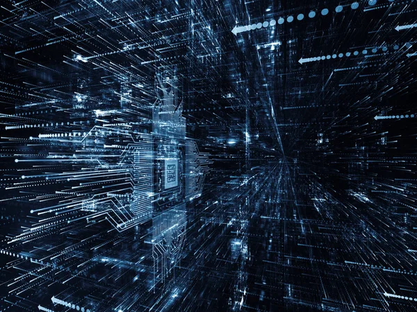 Sanal uzay serisi. 3d veri bulut bilgi teknolojisi, bilgisayar ve iletişim mecazi ilişkisi ile perspektif içinde Cpu simgesiyle bileşimi