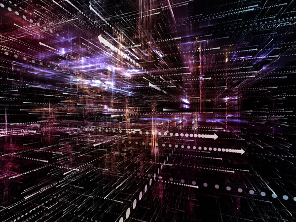 Sanal uzay serisi. Yarı saydam 3B yapısı ile okları sembolleri bilgi teknolojisi, bilgisayar ve iletişim konusunda perspektif içinde soyut tasarım yapılmış