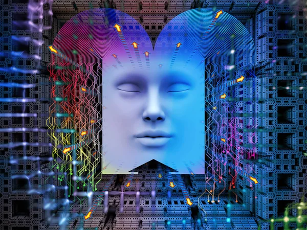 Yapay Zeka serisi. Süper insan yapay zekası, bilgisayar bilinci ve teknolojisi konularında insan yüzü ve bilgisayar elementlerinin 3 boyutlu tasarımı