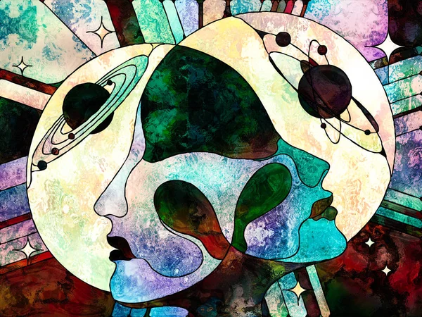 Lekeli Glass Forever serisi. Aşıkların kafaları birbirine bakıyor. Evrenin rengarenk desenleri ve sembolleri arasında eğitim, bilgi ve karşılıklı birlik üzerine..