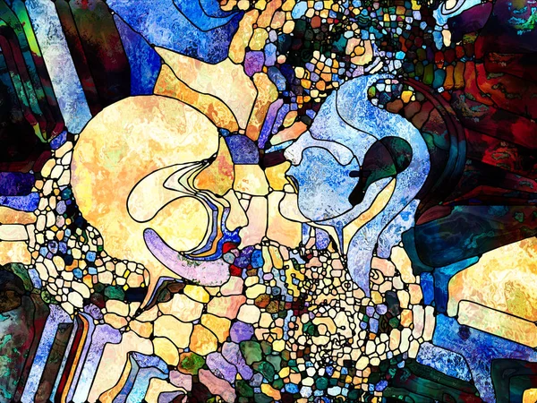 Lekeli Glass Forever serisi. Tasarım, yaratıcılık ve hayal gücü projeleri için uygun arkaplan olarak insan profillerinin, sembollerin ve renk kalıplarının bileşimi