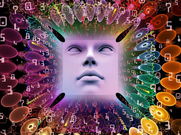 Yapay Zeka serisi. Süper insan yapay zekası, bilgisayar bilinci ve teknolojisi üzerine bir metafor olarak insan yüzü ve bilgisayar elementlerinin 3 boyutlu çiziminden oluşan tasarım