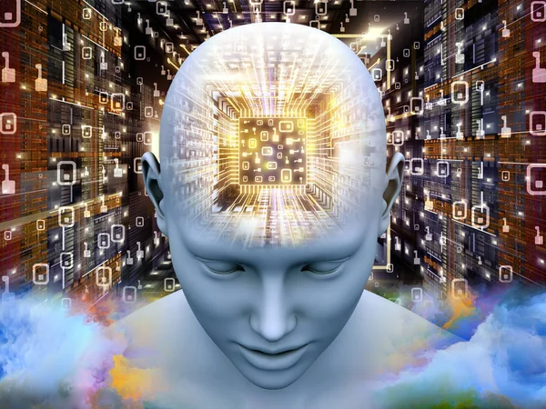 Zihin İşlemcisi serisi. Yapay zeka, akıl, kitle iletişim araçları ve modern teknoloji konusuna bakış açısıyla insan kafasının 3 boyutlu çizimi