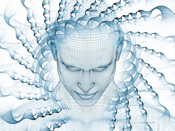 3D render - zihin alan serisi. Tel kafes insan modeli ve fraktal patters yapay zeka, bilim ve teknoloji projeleri için başkanı soyut kompozisyon