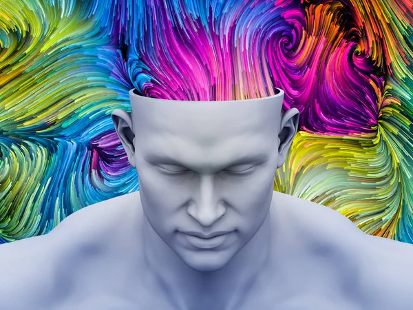 Color Thinking. 3D illustration of human head with color motion trails for subjects on art, psychology, creativity, imagination and dreams.