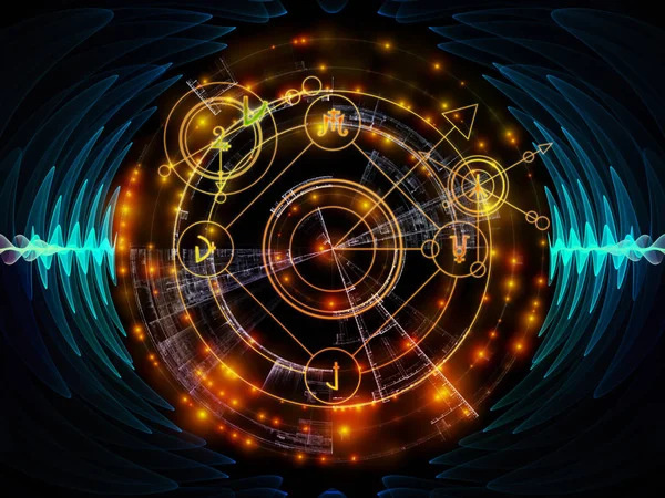 Astral kızdırma serisi. Tasarım maneviyat, büyü ve Tasavvuf konusunda bir metafor olarak kutsal geometri hatları, Astroloji sembolleri ve ışıklar oluşur