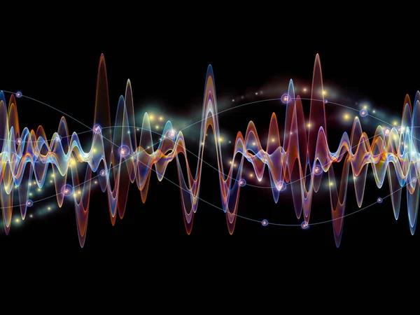 波動関数のシリーズ 音のイコライザーに比喩的意味関係の光とフラクタルの要素 色の正弦振動の組成音楽スペクトルと量子確率 — ストック写真