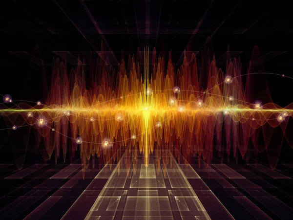 Dalga Fonksiyonu serisi. Ses eşitleyici, müzik spektrumu ve kuantum olasılığı üzerine tasarımınızı tamamlamak için renkli sinüs titreşimleri, ışık ve fraktal elementlerin arkaplanı