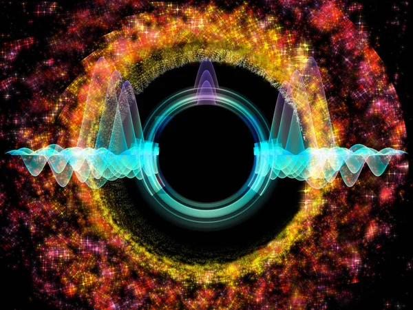 Dalga Fonksiyonu serisi. Ses eşitleyici, müzik spektrumu ve kuantum olasılığı konularında renkli sinüs titreşimleri, ışık ve fraktal elementlerin düzenlenmesi