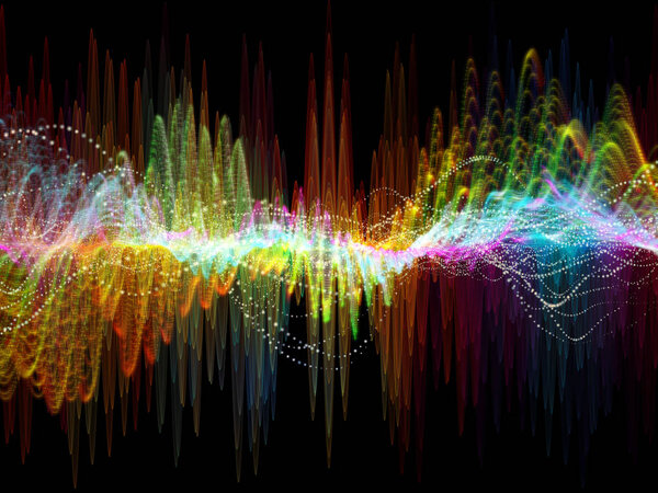 Серия Wave Function. Взаимодействие цветных синусовых вибраций, светлых и фрактальных элементов на тему звукового эквалайзера, музыкального спектра и квантовой вероятности
