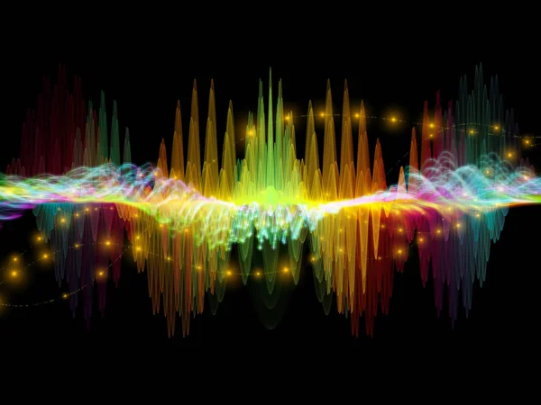 波動関数のシリーズ 色の正弦振動の背景デザイン 音のイコライザーをテーマに光とフラクタルの要素の音楽のスペクトルと量子確率 — ストック写真