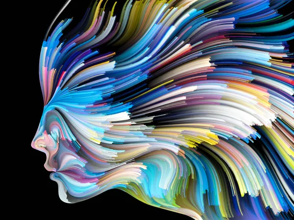 Yüz renk serisi. Tasarım insan profili ve boya bir metafor olarak yaratıcılık, tasarım, iç dünya, içgüdü ve sanatsal ruh konusunda hareketli renkli çizgiler oluşur