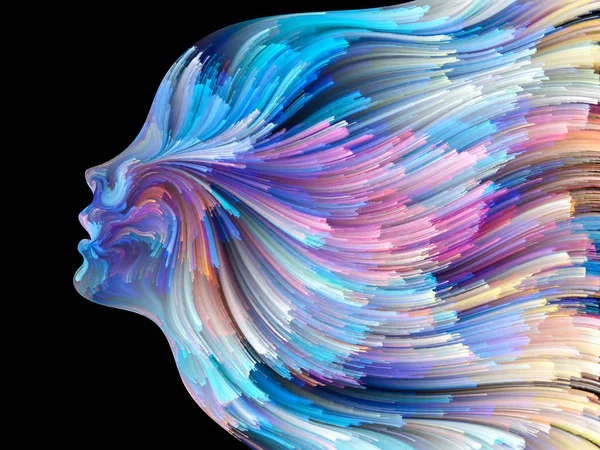 Yüz renk serisi. İnsan profili ve yaratıcılık, tasarım, iç dünya, içgüdü ve sanatsal ruhu boya mecazi ilişki ile hareketli renkli çizgiler bileşimi