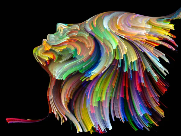 Yüz renk serisi. İnsan profili ve yaratıcılık, tasarım, iç dünya, içgüdü ve sanatsal ruh konusunda boya hareketli renkli çizgiler bileşimi