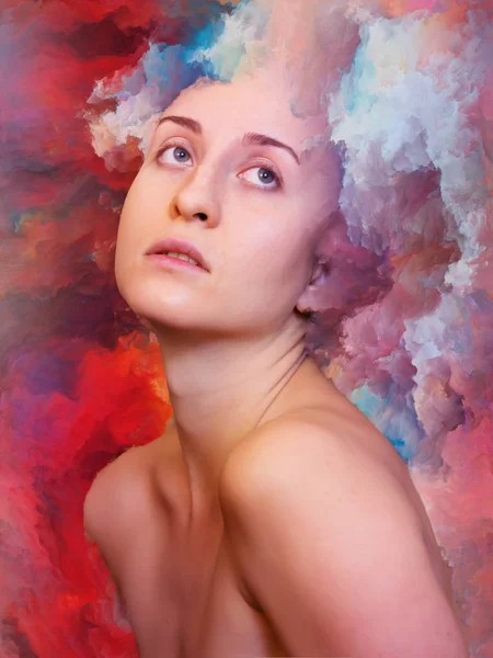 Dış serinin içinde. Duygular, duygular, iç dünya, yaratıcılık ve hayal gücü konularında bir metafor olarak kadın portresiyle birleştirilmiş bir tasarım.