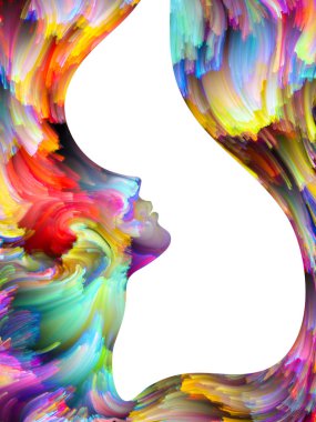 Boya serisi yüz. Sanat, hayal gücü, yaratıcılık ve feminizm konusu için renkli insan portre yaratıcı düzenleme