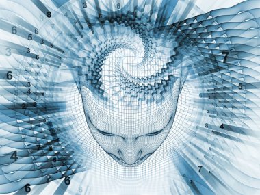 3D render - zihin alan serisi. Zemin tel kafes insan modeli ve fraktal patters başkanı oluşmaktadır ve yapay zeka, bilim ve teknoloji projelerde kullanıma uygun