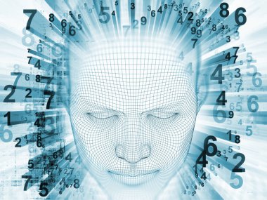 3D render - zihin alan serisi. Görsel açıdan hoş tel kafes insan modeli ve fraktal patters inşaat üstünde yapay zeka, bilim ve teknoloji için başkanı bileşimi