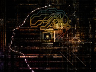 CPU zihin serisi. İnsan yüzü siluet ve teknoloji sembolleri inşaat üstünde bilgisayar bilimi, yapay zeka ve iletişim için görsel olarak hoş bileşimi