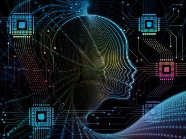 CPU zihin serisi. Sembollerin insan yüzü siluet ve teknoloji projeleri bilgisayar bilimi, yapay zeka ve iletişim için uygun aranjman