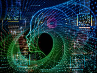 CPU zihin serisi. İnsan yüzü siluet ve teknoloji semboller yassı olup, bilgisayar bilimi, yapay zeka ve iletişim ile ilgili projeler soyut kompozisyon