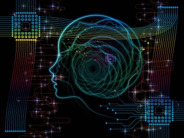 CPU zihin serisi. Zemin, bilgisayar bilimi, yapay zeka ve iletişim konusunda tasarım tamamlayacak insan yüzü siluet ve teknoloji sembol