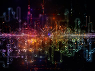 Bağlı dünya serisi. Ağ diyagramları, yüksek teknoloji sembolleri ve fraktal desenleri modern teknoloji, eğitim ve bilgisayar iletişim konusunda