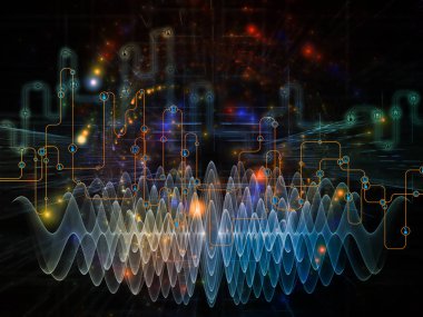 Bağlı dünya serisi. Ağ diyagramları, yüksek teknoloji sembolleri ve modern teknoloji, eğitim ve bilgisayar iletişim konusunda fraktal desenler arka plan kompozisyonu