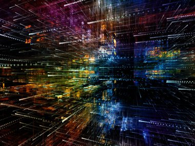 Sanal uzay serisi. Yarı saydam 3B yapısı ile okları sembolleri açıdan uygun bir fon olarak bilgi teknolojisi, bilgisayar ve iletişim projelerde bileşimi