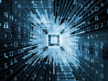 Bilgi işlem makinesi serisi. Cpu 3D çizimi mecazi ilişki bilgisayar bilimi, dijital dünyada, sanal gerçeklik ve modern teknoloji ile perspektif fraktal ortamında ile